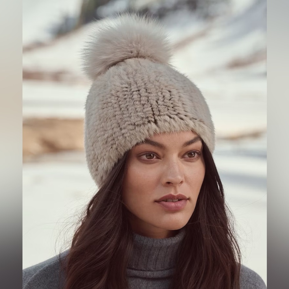 Overland Knitted Mink Fur Beanie Hat with Fox Fur Pom